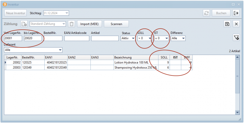 Mehrere Filter im Inventurdialog Mehrere Filter im Inventurdialog