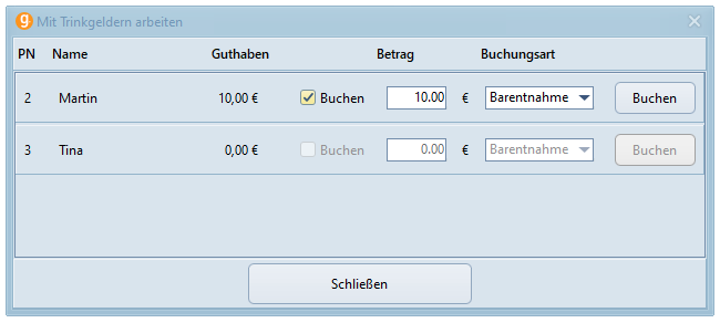 Maske zur nachträglichen Auszahlung von Trinkgeldern Maske zur nachträglichen Auszahlung von Trinkgeldern