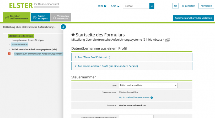 ELSTER Startseite des Formulars ELSTER Startseite des Formulars