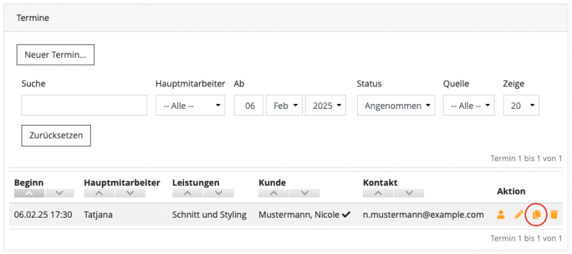 Terminliste mit Kopierfunktion Terminliste