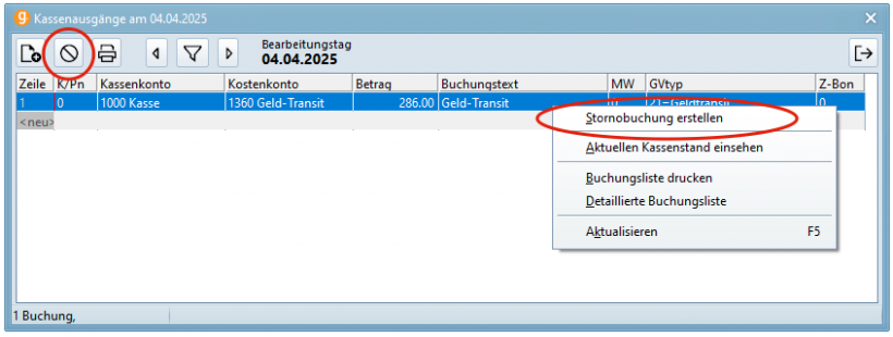 Stornobuchung erstellen Auswahl
