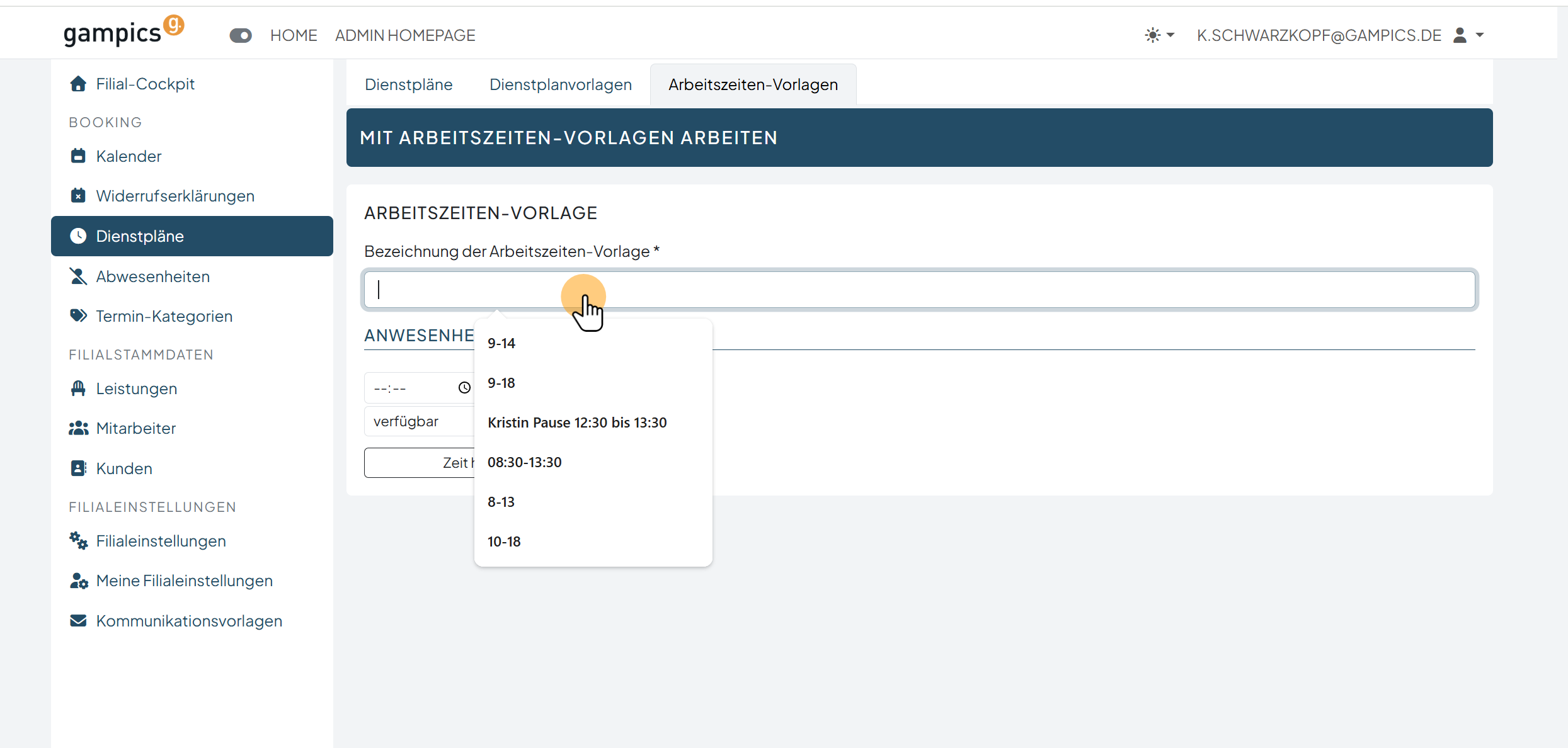 Bezeichnung der Arbeitszeiten-Vorlage eingeben