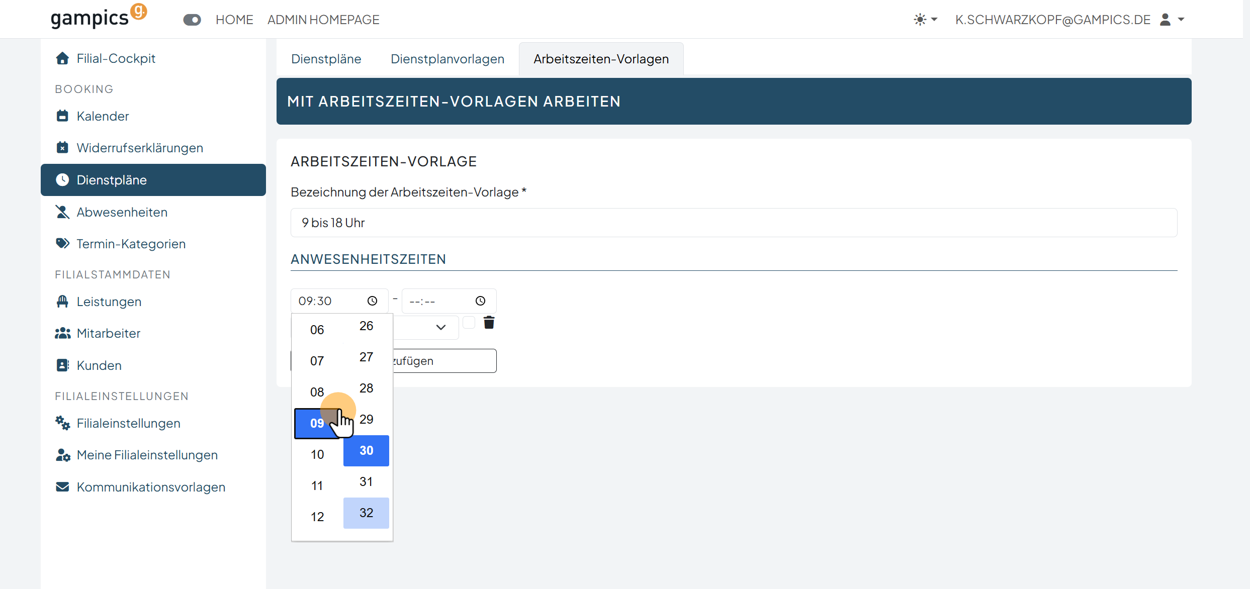 Uhrzeit für die Anwesenheitszeit auswählen