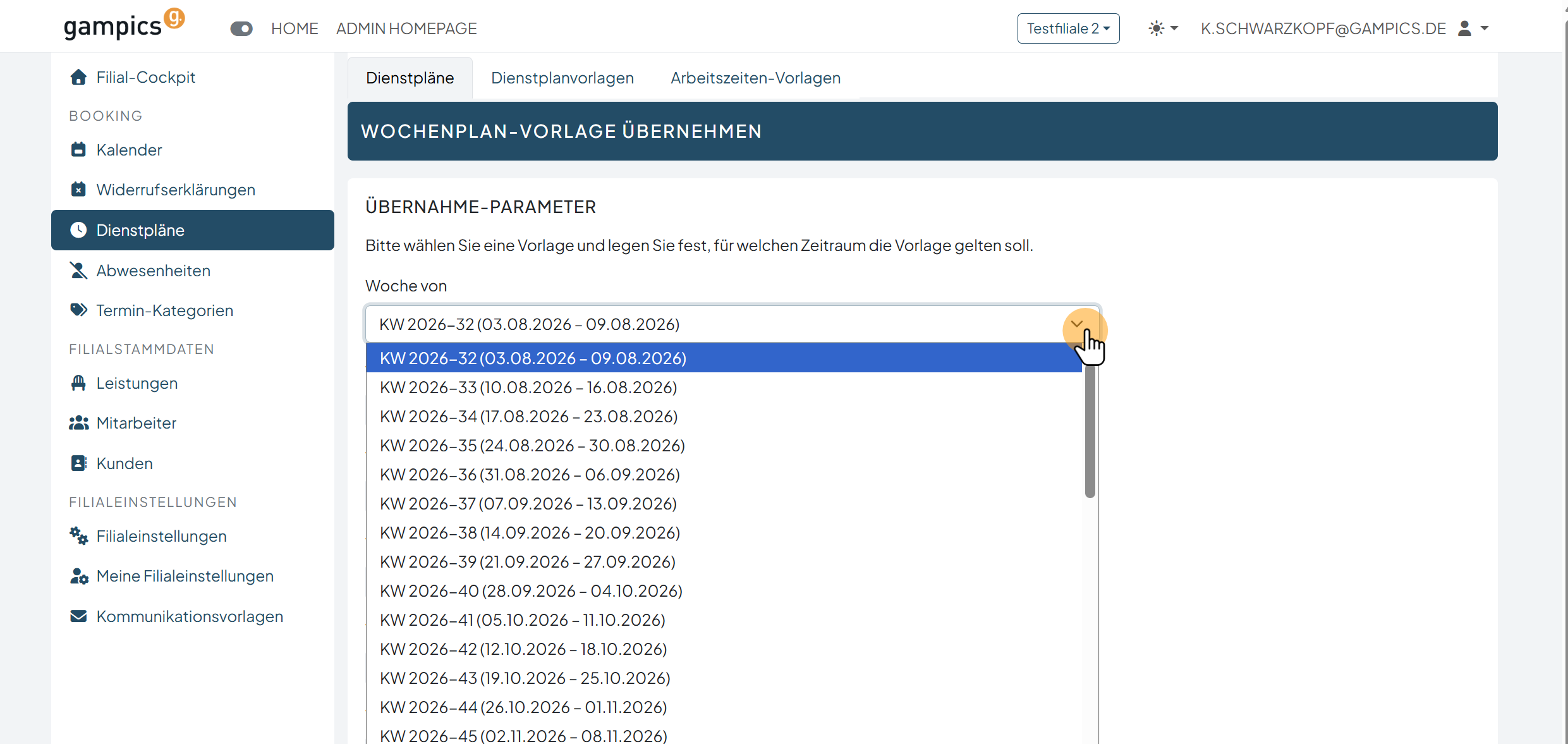 Erste Kalenderwoche des Zeitraums auswählen
