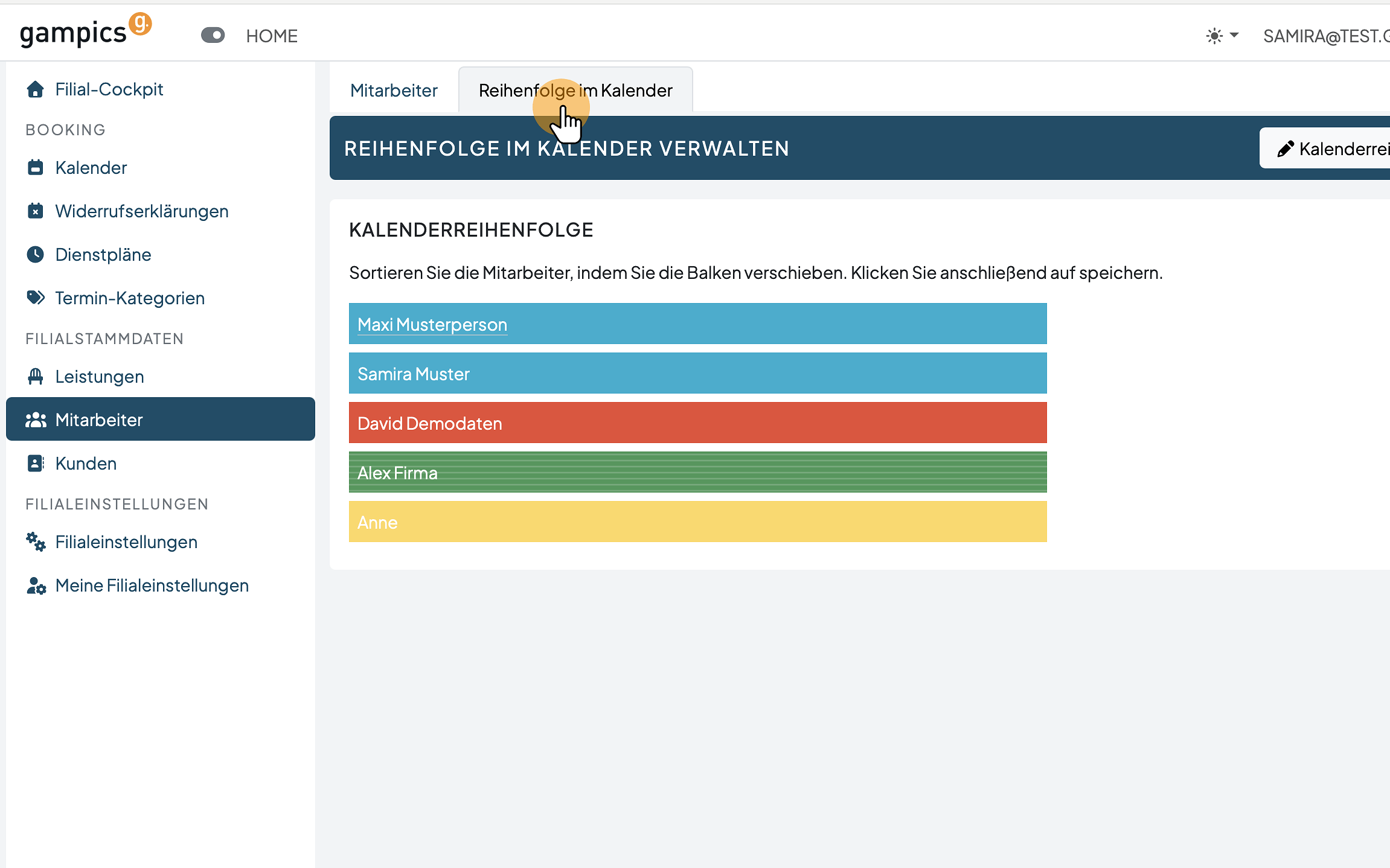 Reihenfolge im Kalender öffnen