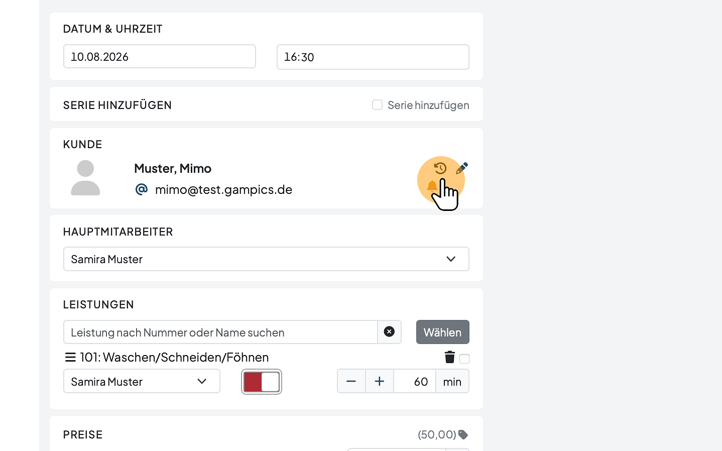 Terminübersicht des Kunden öffnen