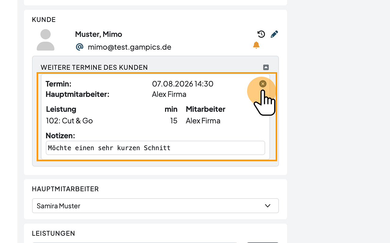 Detailansicht eines Kundentermins