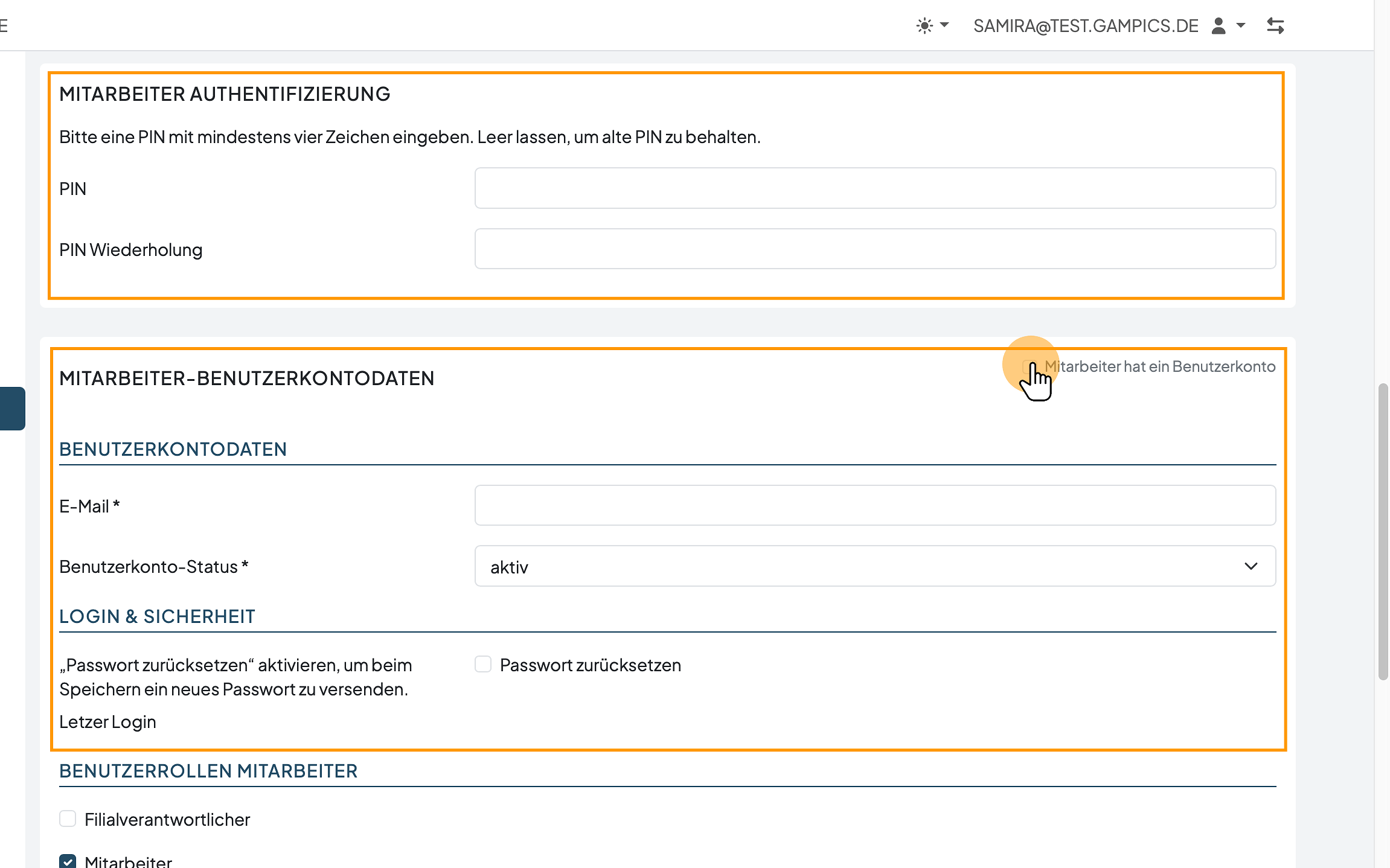 Benutzerkonto und persönliche PIN des Mitarbeiters einrichten