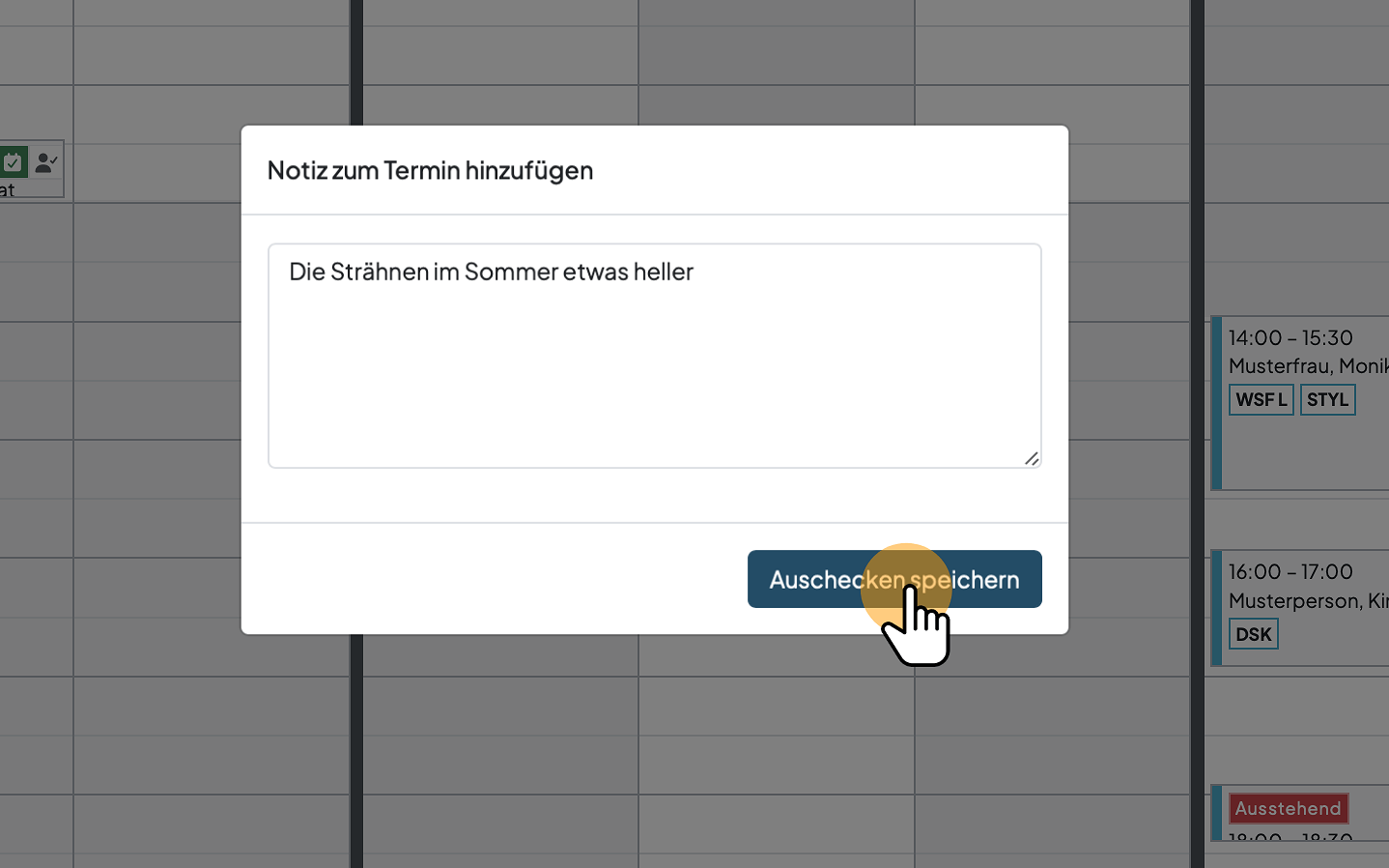 Notiz eingeben und Auschecken speichern