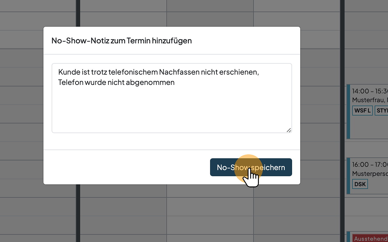 Notiz eingeben und No-Show speichern